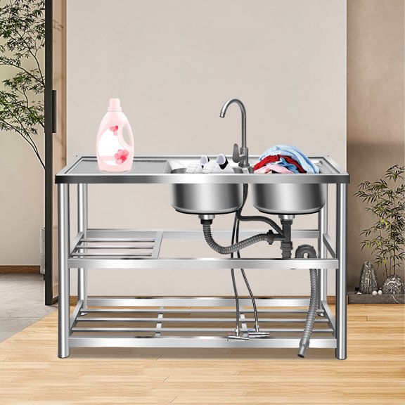 120cm Freestanding Stainless Steel Sink Station, Offset Double Bowl, Three Tier Storage Rack With Mixer Tap And Drainage Kit