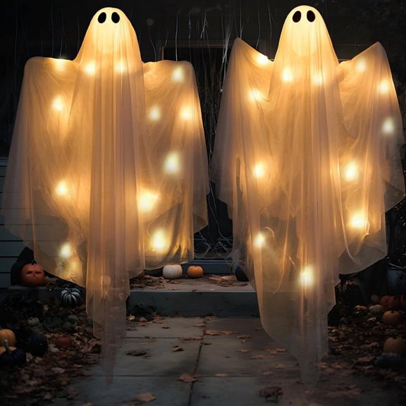 120cm Hanging White Ghost Halloween Decoration with Glowing LED Lights, Battery Powered Spooky Flying Phantom Prop for Outdoor Tree Branch, Porch Eave and Yard