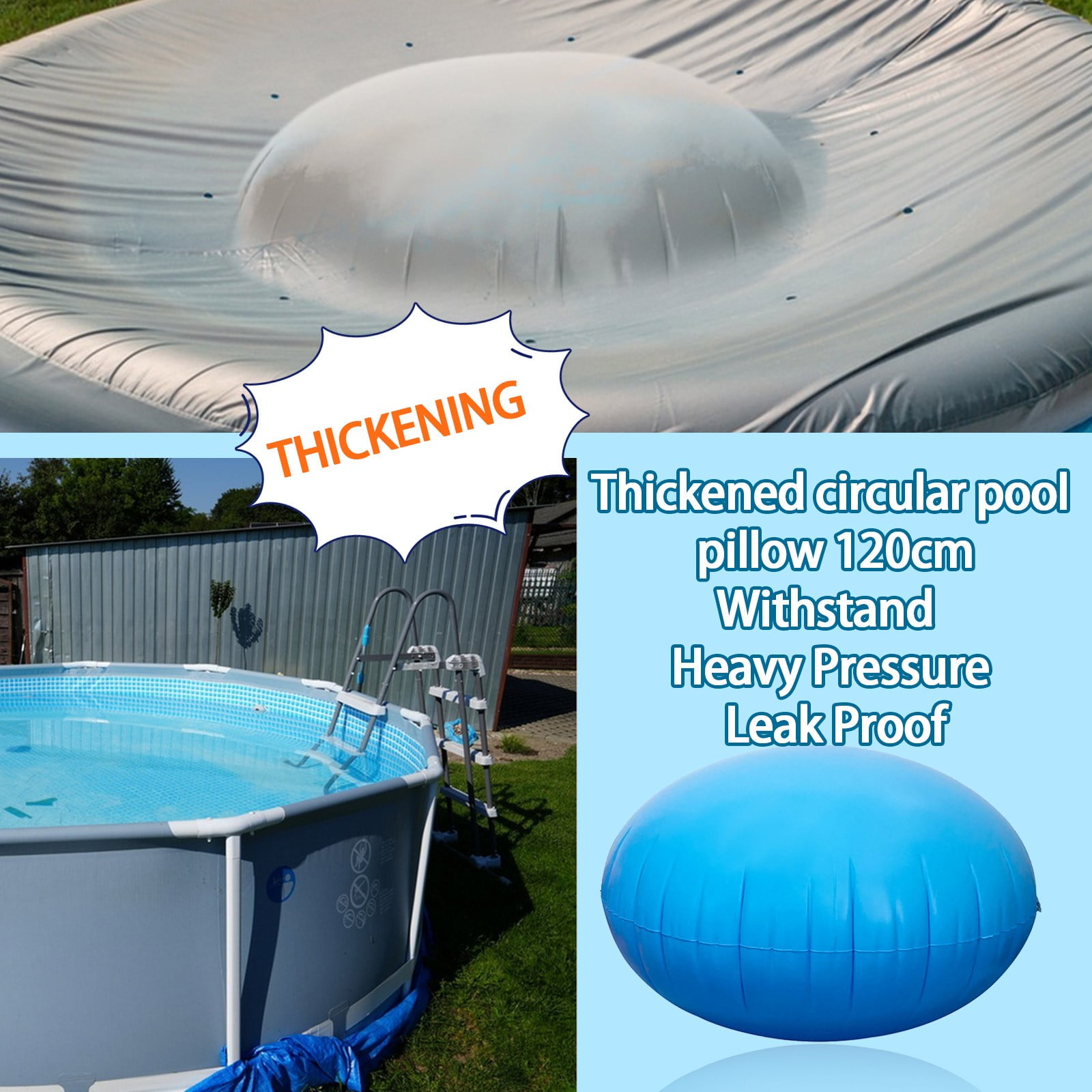 120cm Winter Pool Air Pillow for Above Ground Pools, Cold-Resistant Inflatable Pool Cover Pillow, Winterize Pool Closing Kit with 2pcs 3M Fixing Ropes for Protection(0.30mm)