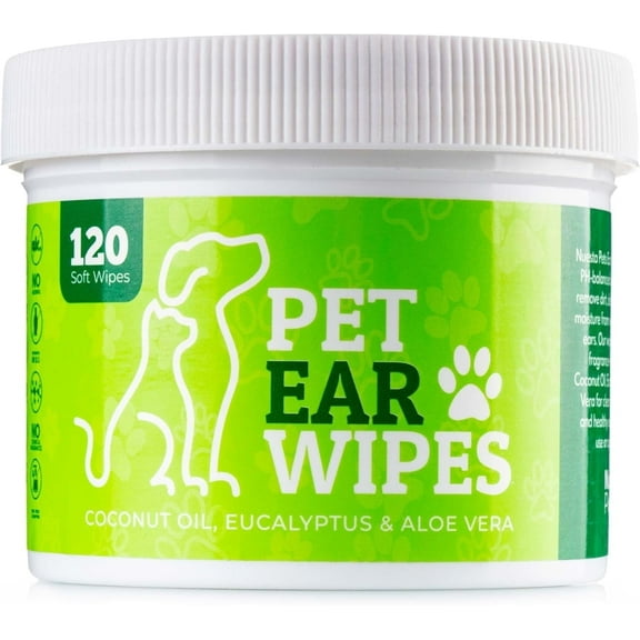 Nuesta Pet Soft Ear Wipes, Dog Ear Cleaner Wipes, Coconut Oil, Eucalyptus & Aloe, 120 Count