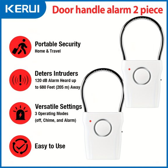 120dB Vibration Door Handle Alarm, 500ft Range Security Detector, White, Available in 2/3/4 Packs for Home Hotel Travel Use