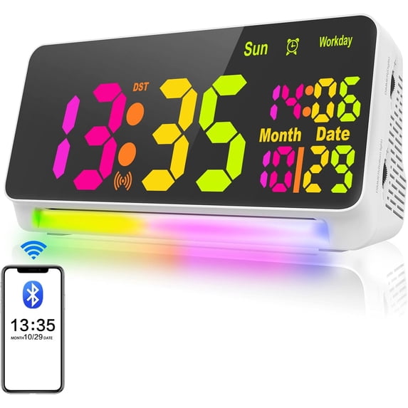 120db Super Loud Alarm Clock for Heavy Sleepers, Bluetooth Connection, 15 Wake Up Sounds, 7 Color Night Light, Dynamic RGB Changing, 0-100% Dimmer, Snooze, Digital Bedroom