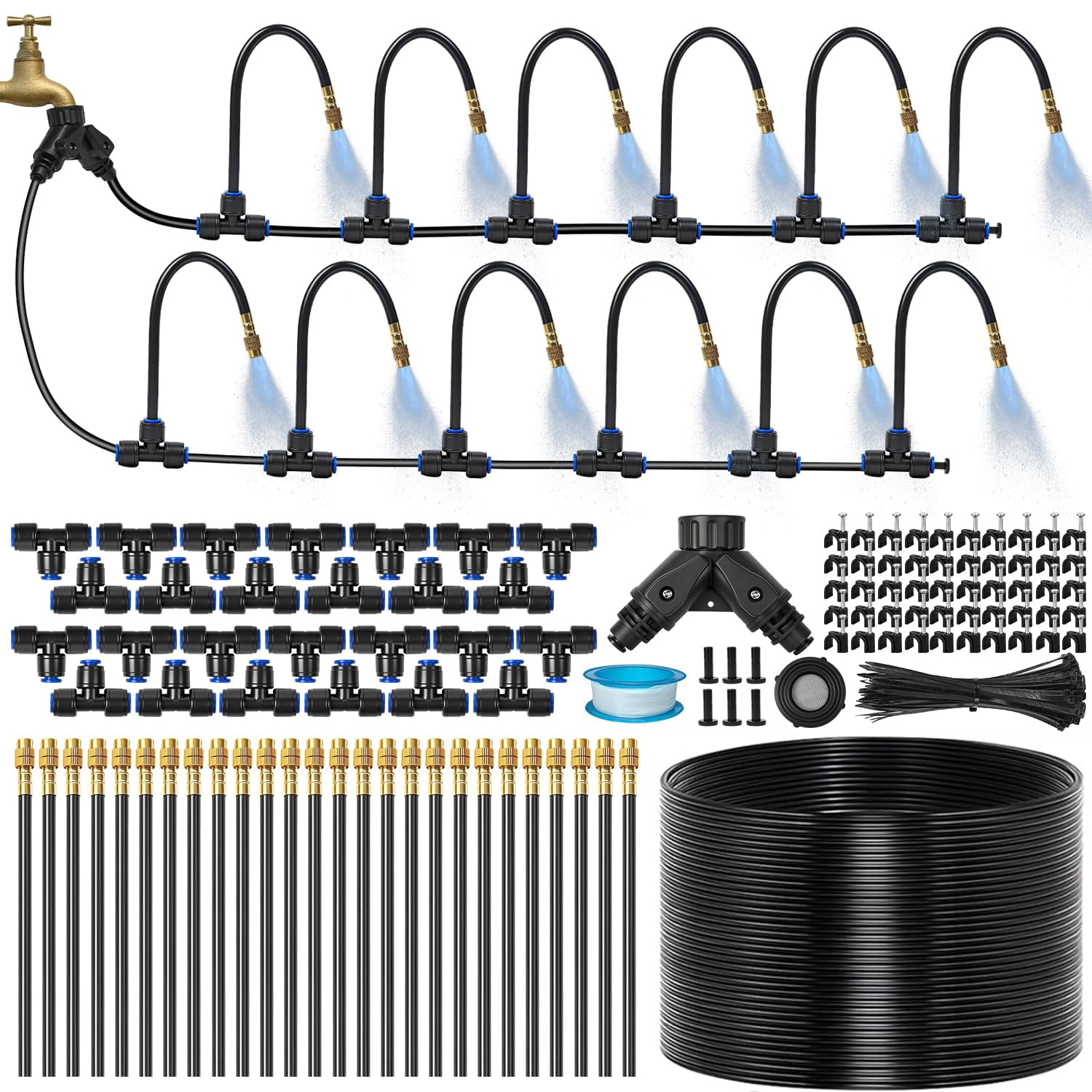 120ft 1/4" Drip Irrigation System For Garden - 26 Adjustable Copper Nozzles  Automatic Atomizing Sprinkler Outdoor Plants Raised Bed Yard Potted & Lawn