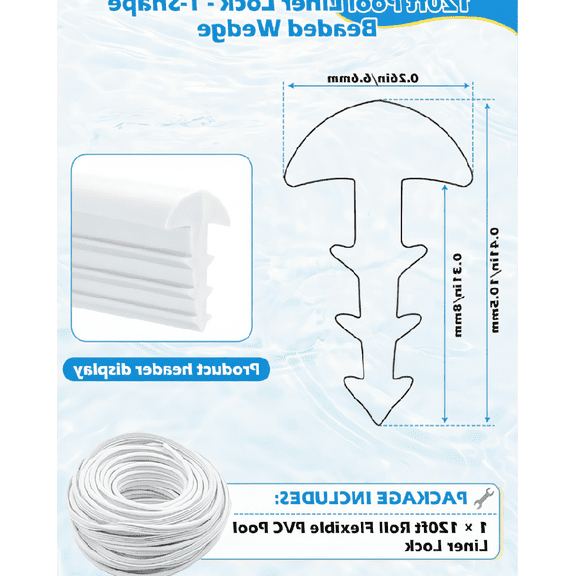 120ft Pool Liner Lock Roll, T-Shape Beaded Wedge, Flexible PVC, for Inground and Above Ground Pools, White
