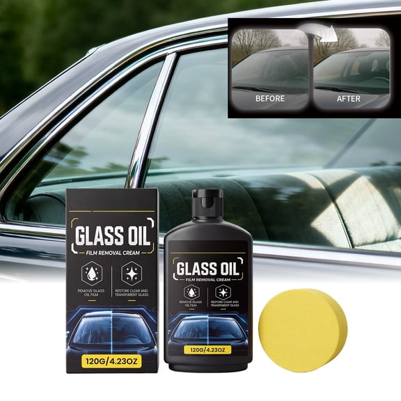 120g Car Glass Oil Film Remover Kit, Windshield Cleaner for Clear Vision, with Sponge Pad, Safe Scratch-Free Formula, Daily Car Maintenance