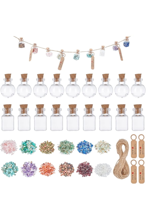 120g Undrilled Tumbled Gemstones 12 Colors Chips Stones with 24pcs 2 Style Mini Glass Bottles Wishing Bottles Making Kit for Pendants Necklace Jewelry Gift Making Home Decor