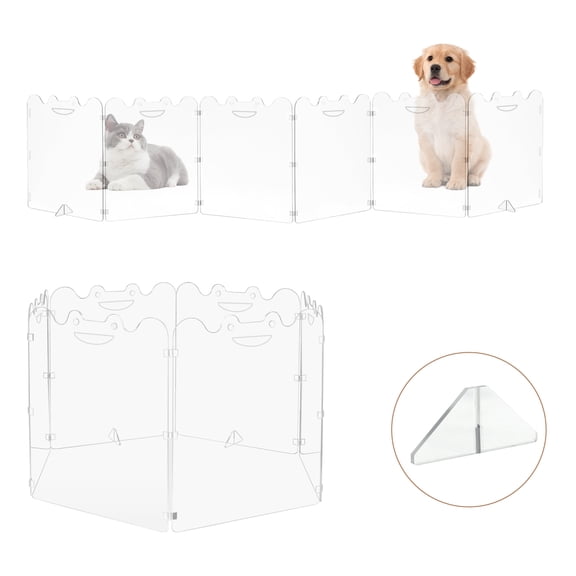 120in Clear Acrylic Dog Playpen 6-Panel Pre-Assembled, Foldable Freestanding Pet Gate with Transparent Panels, Indoor Barrier for Doorways Stairs Small Dogs Guinea Pigs