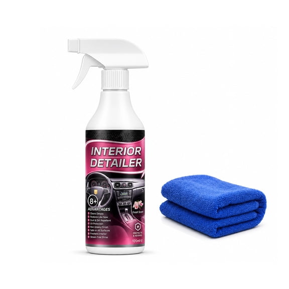 120ml Car Interior Cleaner and Protectant Spray for Leather Plastic Vinyl with Microfiber Towel, Multi-Surface Formula for Deep Cleaning, UV Protection and Streak-Free Finish
