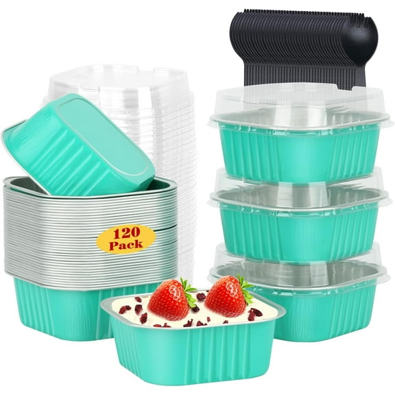 120pack/10oz Foil Mini Cake Tins with Lids 4”X4” Small Cake Baking Pans Cupcake Containers,Disposable Ramekins Mini Aluminum Brownie Pan Large Muffin Cups Holders-Cyan Blue