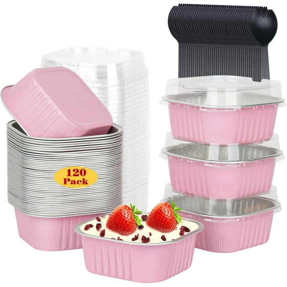 120pack/10oz Mini Cake Foil Pans with Lids, 4”x4” Large Cupcake Pan Disposable Ramekins,Small Brownie Baking Cups Square Muffin Tin Cheesecake Containers Holders-Pink