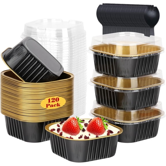 120pack/10oz Mini Cake Pans with Lids, Small Foil Baking Tins Brownie Baking Cups,4”x4” Disposable Ramekins Jumbo Cupcake Muffin Pan Mini Aluminum Containers Holders-Black