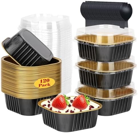 120pack 5oz Mini Cake Pans with Lids, Disposable Ramekins Muffin Tins Cupcake Baking Cups,Small Aluminum Foil Brownie Baking Pan Containers Mini Cheesecake Holders-Black