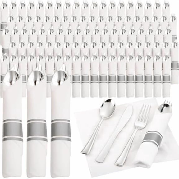 120pack Silver Plastic Silverware,Rolled Plastic Silverware,Pre Rolled Napkins with Cutlery Set,Wrapped Disposable Cutlery Set with Napkin Perfect for Valentine's Day, Mother's Day and Easter