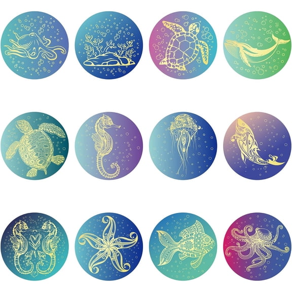 120pcs 12 Style Sea Animals Gold Foil Stickers Embossed Certificate Seals Thank You Round Dot Decals Self Adhesive Stickers Medal Decoration Certification
