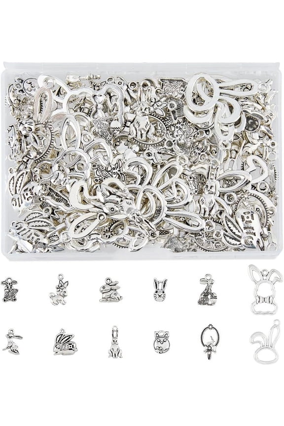 120pcs 12 Styles Metal Rabbit Charms Tibetan Style Alloy Charms Small Cute Animal Charms Silver Bunny Charms for Easter Jewelry Making Hole: 1.4-2.5mm