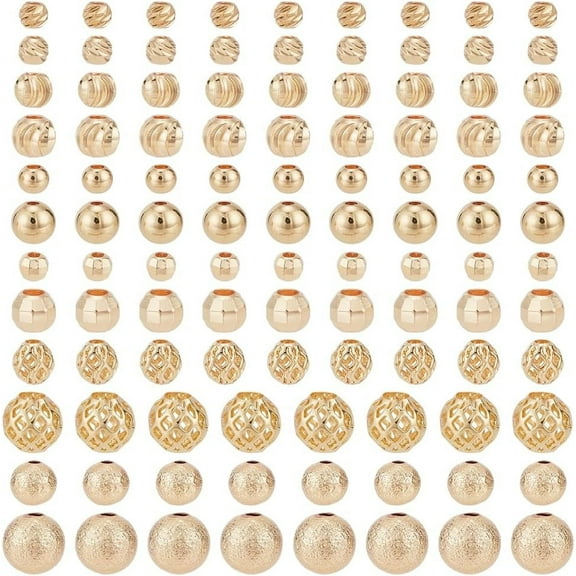 120pcs 14K Gold Spacer Beads 4/5/6/8mm Beads Brass Round Beads Metal Loose Beads Long-Lasting Spacers Beach Layered Stackable Necklace Bracelet Jewelry Making Real 14K Gold Plated