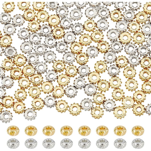 120pcs 2 Color Flat Round Spacer Beads Fancy Cut Round Beads Platinum and Golden Beads 4mm Disc Beads Brass Spacer Beads for Jewelry Making Hole: 1.8mm for DIY Platinum Golden
