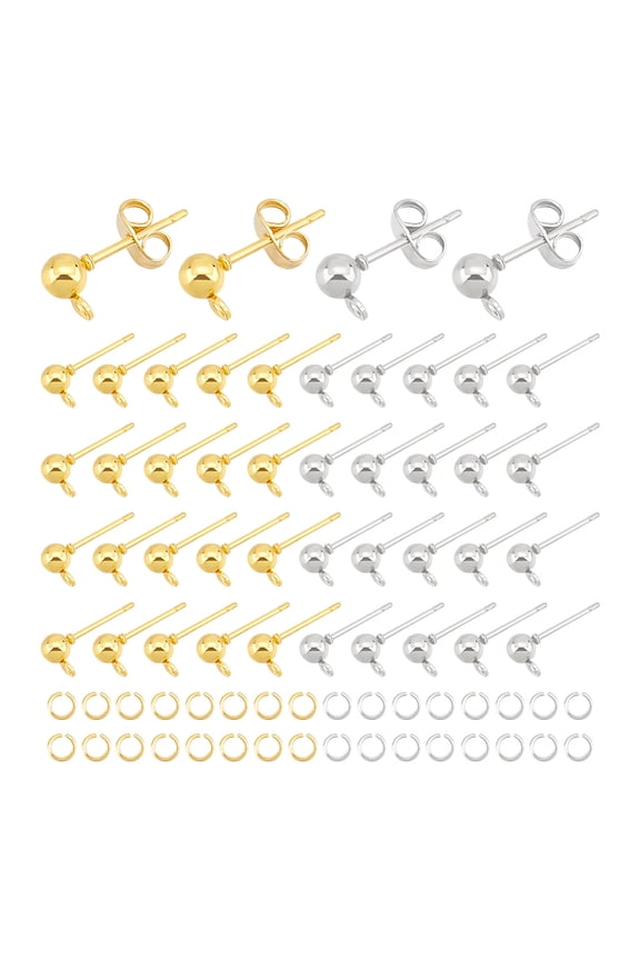 120pcs 2 Colors Ball Post Stud Earrings Stainless Iron Ball Stud Earring Post Ear Stud with Loop and Ear Nuts Golden & Stainless Steel Color Earrings