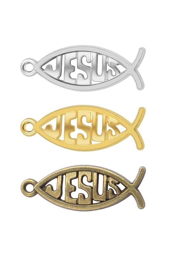 120pcs 3 Colors,Vintage Hollow Jesus Fish Charms Tibetan Alloy Christian Fish Jesus Pendant Charms with A Plastic Box for DIY Bracelet Necklace Keychains Jewelry Making,