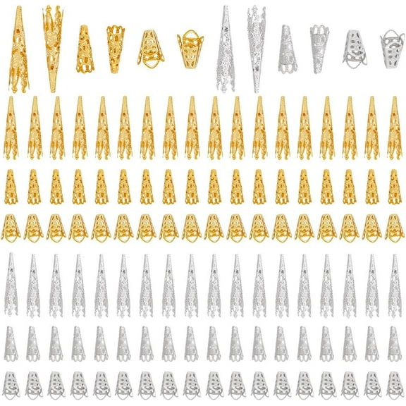 120pcs 3 Shapes Long Flower Bead Caps Filigree Bead Caps Hollow Flower End Cap Metal Cones Spacer Beads for Jewelry Making Bracelet Necklace DIY Crafts Golden & Silver