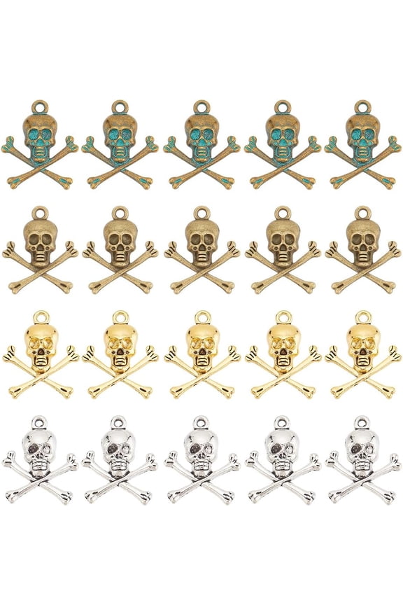 120pcs 4 Colors Tibetan Skull Charms Skeleton Head Charms Pirate Style Skull Pendant Skull Crossbone Charms for Earring Bracelet Necklace Halloween Jewelry Making DIY Crafts