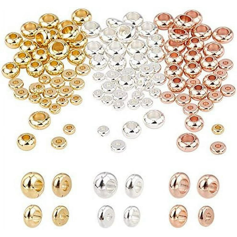 120pcs 4 Sizes Flat Round Spacer Beads Brass Rondelle Beads Jewelry Metal  Spacers for Bracelet Necklace Jewelry Making (3 Colors)