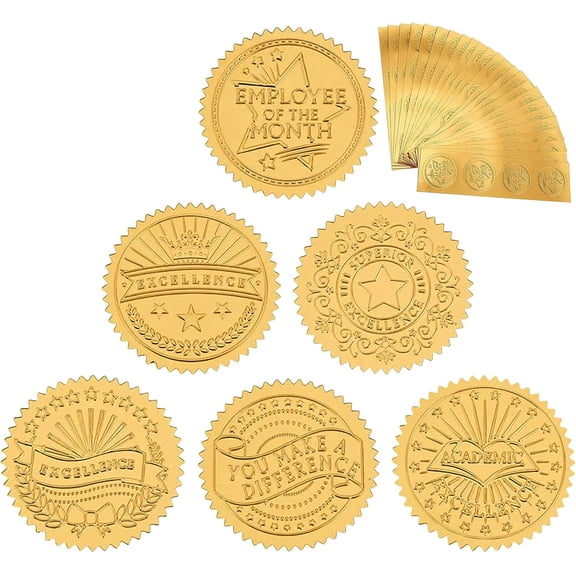 120pcs 6 Style Gold Embossed Seals Stickers 2 Round Gold Foil Certificate Seals Vintage Excellence Embossed Foil Certificate for Invitation Envelope Graduation Corporate for DIY Mixed Patterns