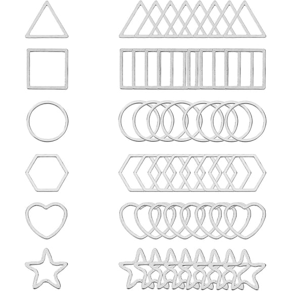 120pcs 6 Styles 304 Stainless Steel Linking Rings Square Ring Star Heart Triangle Frames Connectors Metal Jewelry Connector Links DIY