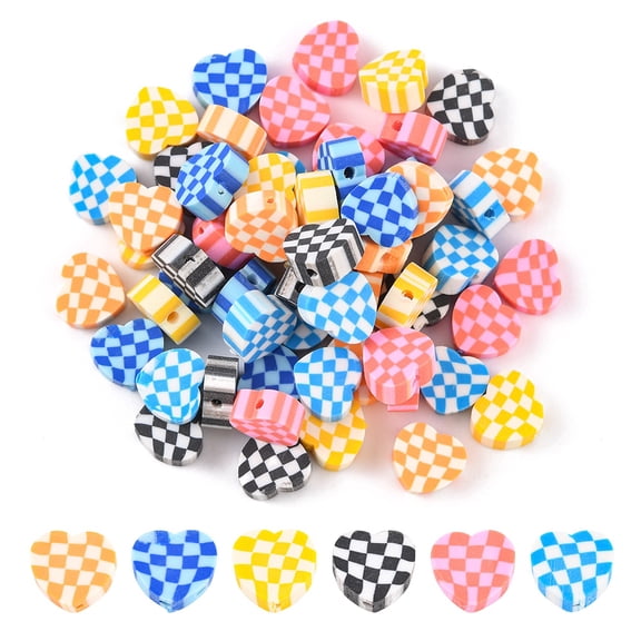 120pcs 6 colors Handmade Polymer Clay Beads Heart with Tartan Pattern Mixed color 9x10x4mm Hole: 1.5mm 20pcs/color