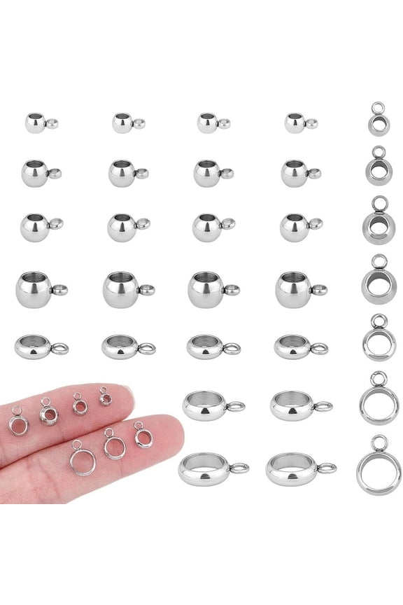 120pcs 7 Size Stainless Steel Bail Beads Jewellery Connectors Hanger Links Slide Charms Column Spacer Beads Tube Beads with Loop