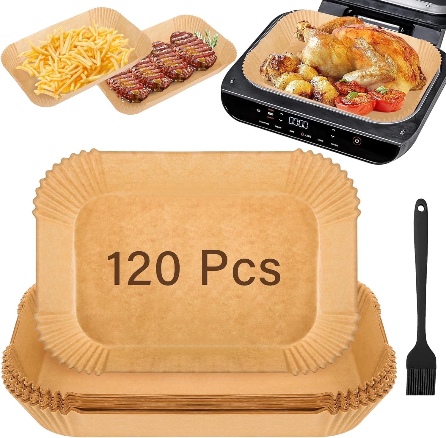 120pcs Air Fryer Liners Disposable for Ninja FG551/DG551/IG651/IG601 Foodi Smart XL Indoor Grill, Unbleach Parchment Paper Sheets with Oil Brush for Ninja Foodi Grill