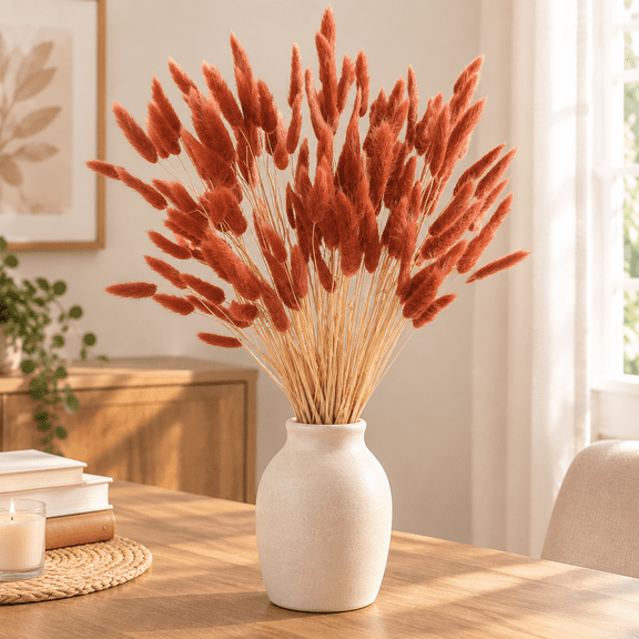 120pcs Burnt Orange Bunny Tails Dried Flowers, 17" Dried Faux Pampas Grass Bulk Decor Fall Pampas Dried Boho Flowers Lagurus Ovatus Rabbit Bunny Tail Grass for Home Wedding Decor Crafts