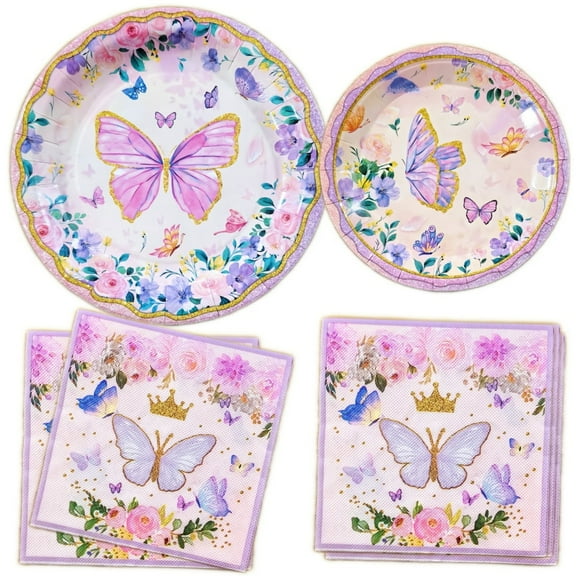 60pcs Butterfly Birthday Party Supplies Purple Butterfly Paper Plates and Napkins Tableware Set Disposable Paper Plates Flower and Butterfly Party Supplies Birthday Decor Serves 20 Guest