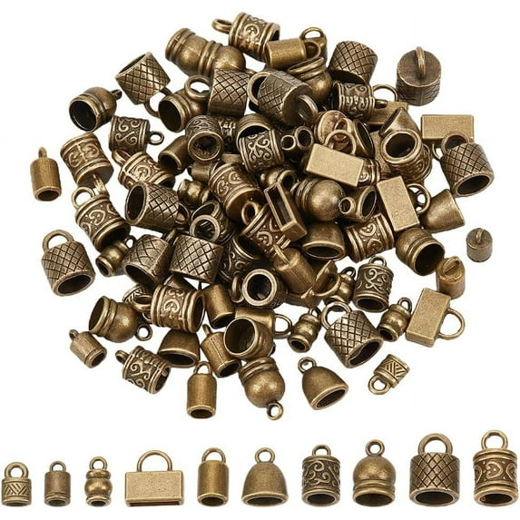 120pcs Cord End Caps 10 Styles Bead End Caps Tibetan Alloy Tube Barrel End Tip Thread Cord Caps Rope End Caps Crimp Covers for Necklaces Bracelet Jewelry Making