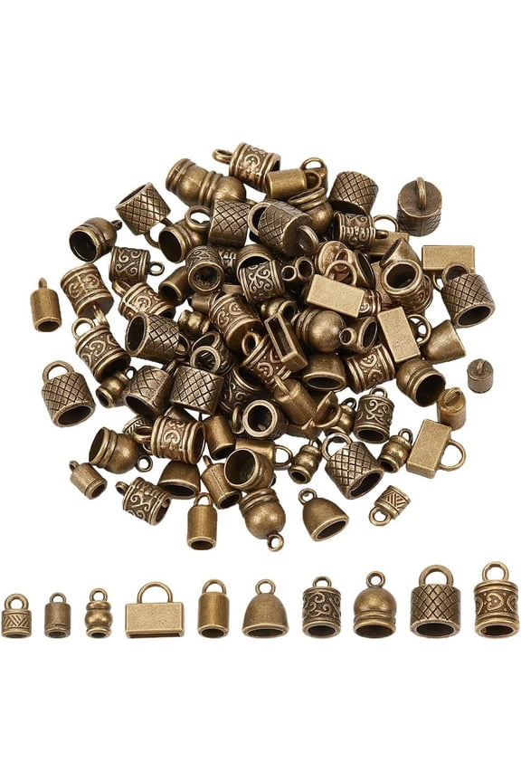 120pcs Cord End Caps 10 Styles Bead End Caps Tibetan Alloy Tube Barrel End Tip Thread Cord Caps Rope End Caps Crimp Covers for Necklaces Bracelet Jewelry Making