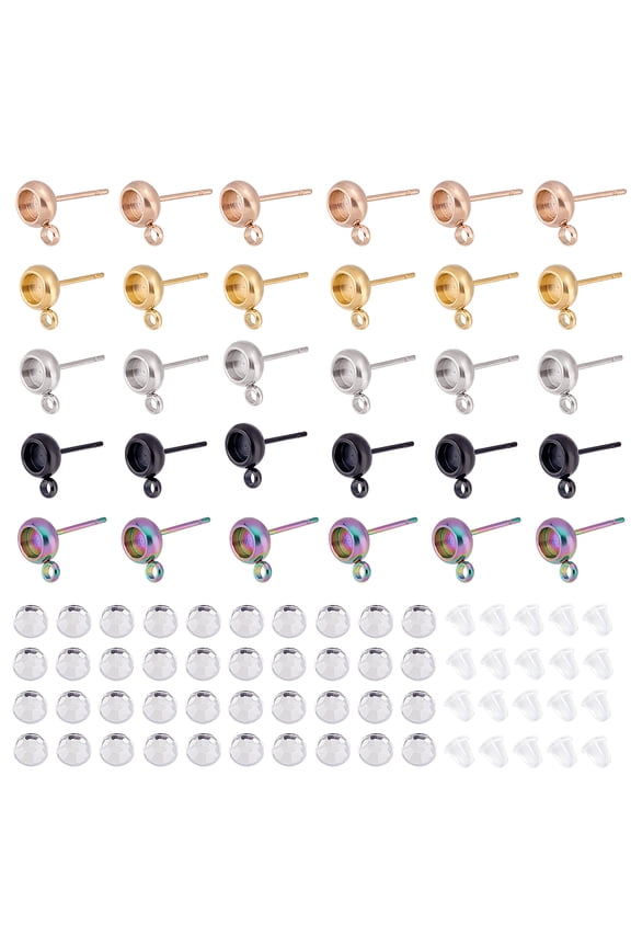 120pcs DIY Earring Making Finding Kits Including 304 Stainless Steel Stud Earring Settings with Loop Acrylic Rhinestone Cabochons Ear Nuts Mixed Color