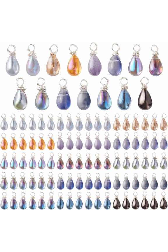 120pcs Dangle Charms 15 Colors Teardrop Charms 14mm Transparent Glass Dangle Pendants Silver Wire Wrapped