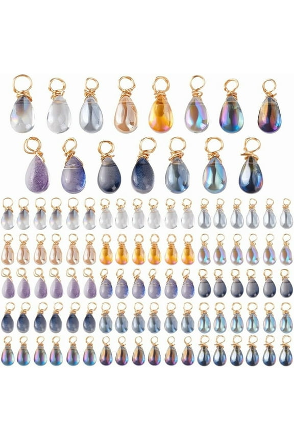 120pcs Dangle Charms 15 Colors Teardrop Charms 15mm Transparent Glass Pendants Gold Wire Wrapped Dangle Bead for Necklace Earring Bracelet Jewelry Making