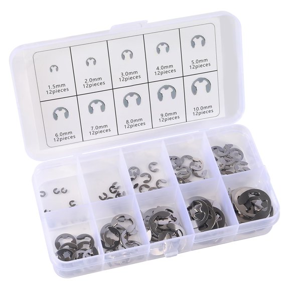 120pcs E-Clip Assortment Kit E-Clip External Retaining Ring Assortment Set 10 Sizes M1.5-10 Circlip Snap Retainer Rings Opening Snap Ring Circlip Set
