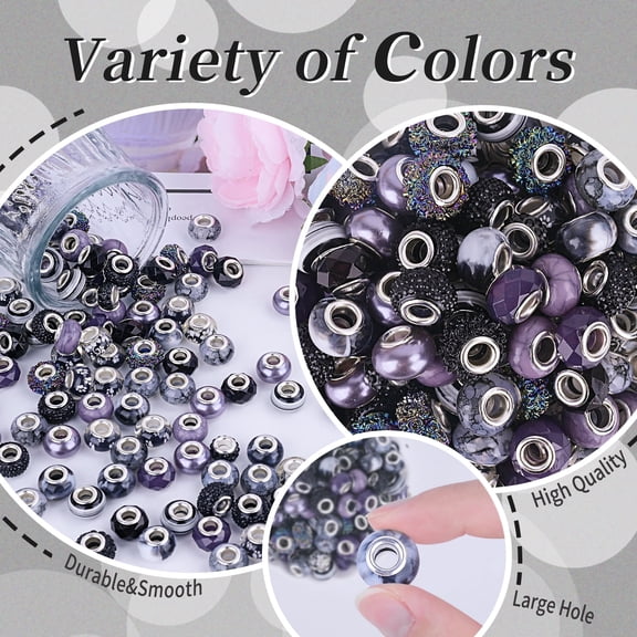 120pcs European Large Hole Beads, Assorted European Craft Bead Mixed Color Lampwork Murano Spacer Beads for DIY Necklace Bracelet Jewelry Making Black(10pc per Style)