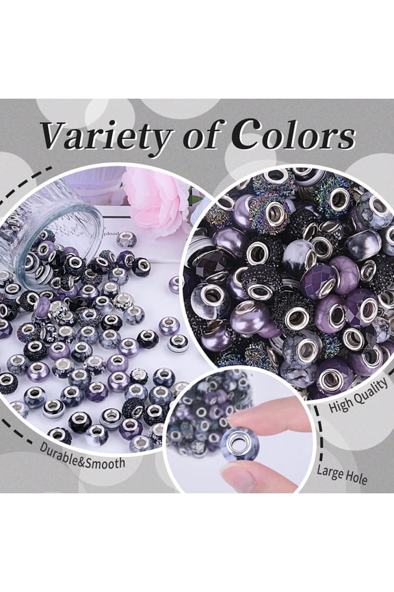 120pcs European Large Hole Beads, Assorted European Craft Bead Mixed Color Lampwork Murano Spacer Beads for DIY Necklace Bracelet Jewelry Making Black(10pc per Style)