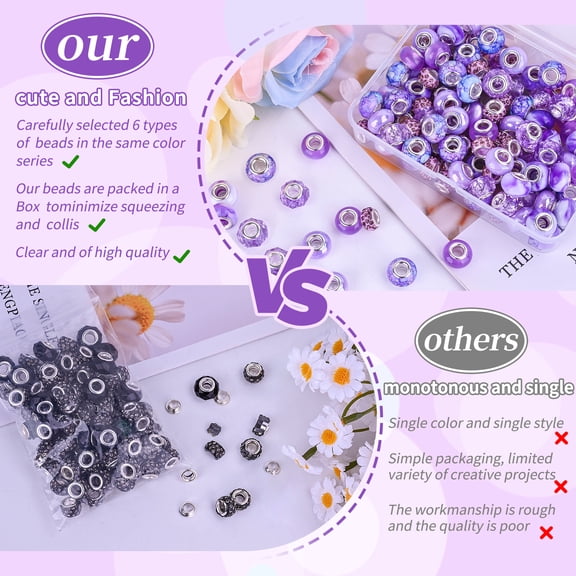 120pcs European Large Hole Beads, Assortments Charm Lampwork Murano Spacer Craft Beads for DIY Charms Bracelet Necklace Earring Jewelry Making Supplies(Purple)