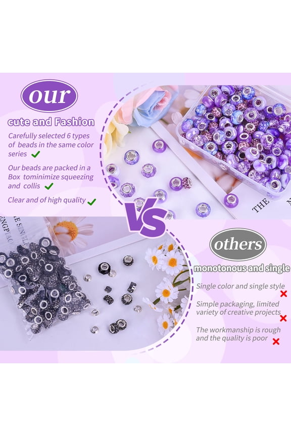 120pcs European Large Hole Beads, Assortments Charm Lampwork Murano Spacer Craft Beads for DIY Charms Bracelet Necklace Earring Jewelry Making Supplies(Purple)
