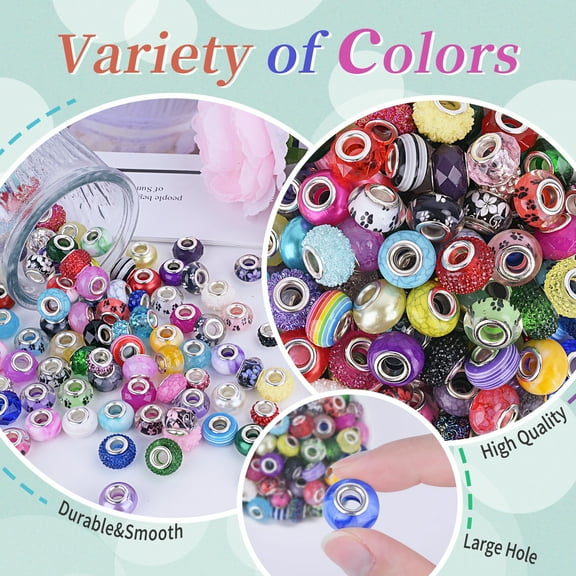 120pcs European Large Hole Beads, Assorted European Craft Bead Mixed Color Lampwork Murano Spacer Beads for DIY Necklace Bracelet Jewelry Making Black(10pc per Style)