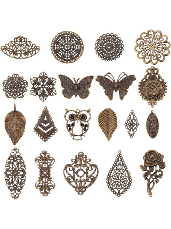 120pcs Filigree Metal Embellishments 19 Style Filigree Connectors Charms Antique Bronze Flower Animal Pendants for Steampunk Mixed Media Art Hairpin Headwear Necklace Jewelry Making DIY