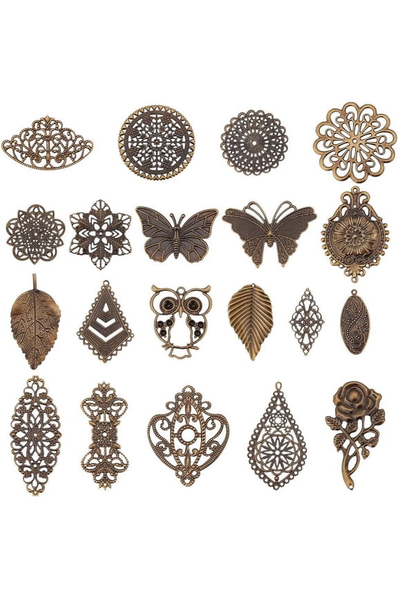 120pcs Filigree Metal Embellishments 19 Style Filigree Connectors Charms Antique Bronze Flower Animal Pendants for Steampunk Mixed Media Art Hairpin Headwear Necklace Jewelry Making DIY