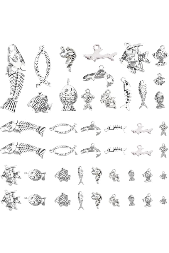 120pcs Fish Pendants Charms 15 Style Ocean Fish Bone Pendants Tibetan Silver Beads Charms Carp Pendants for Summer Wakiki Hawaii Necklace Bracelet Jewelry Making Silver