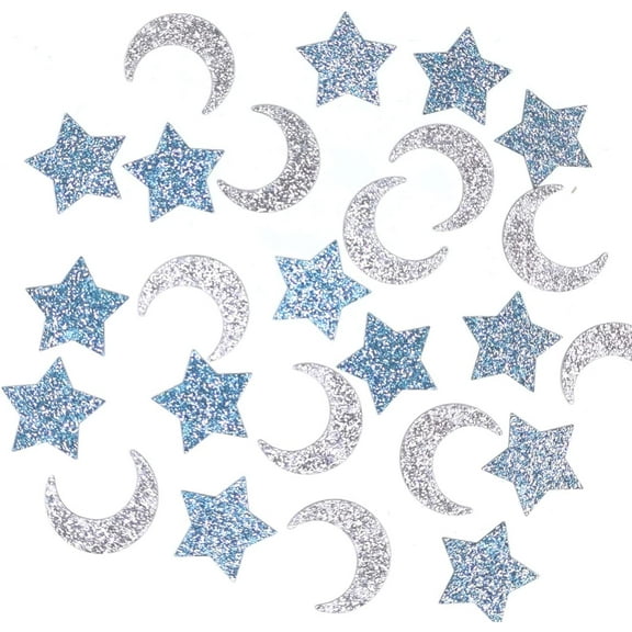 120pcs Glittery Moon and Star Table Confetti for Baby Shower Kids Birthday Party Twinkle Twinkle Little Star Decorations - Paper Scatter - Blue and Silver