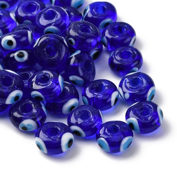 120pcs Handmade Lampwork Beads Flat Round Medium Blue 9~10x6mm Hole: 3mm