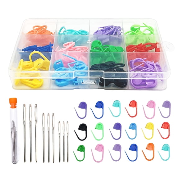 120pcs Locking Stitch Markers with 9pcs Large Eye Blunt Sewing Needles, Crochet Stitch Needle Clip for Knitting Stitch with Storage Box